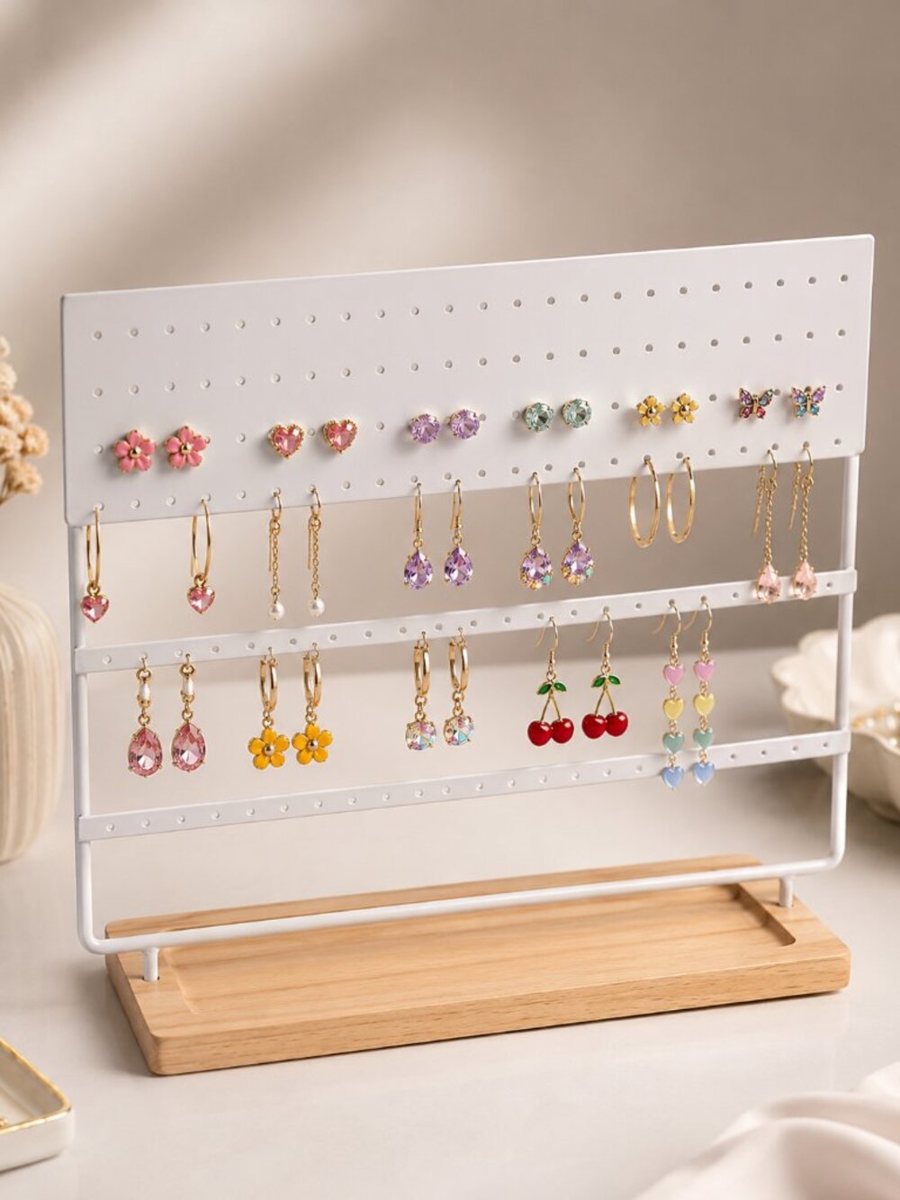 144 Hole Earring Organizer Stand with Wooden Tray